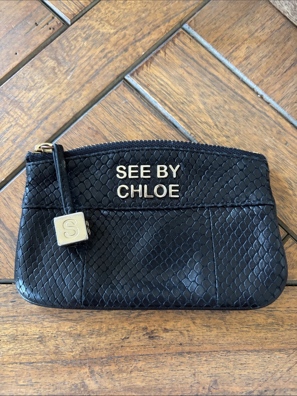 See By Chloe Black Textured Leather Cosmetic Pouch with Gold Hardware